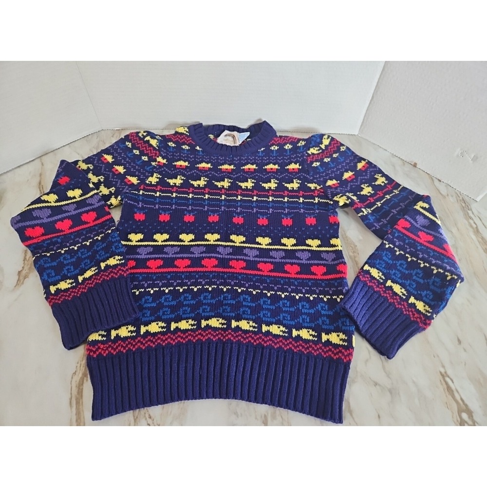 Vintage 90s Kids Sweater Size Small  Eclipse Girls Retro 80s Bright Ducks Hearts